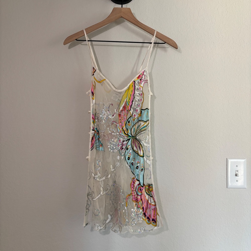 Shirley of Hollywood Slip Dress S Silk Blend Butterfly Sequin White Fairycore